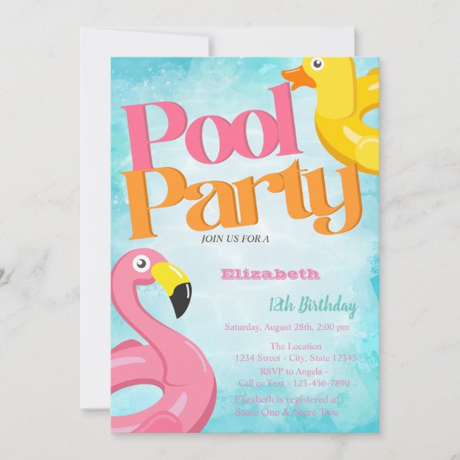 Convites Brinquedos de Festa na Piscina Flamingos Aniversár (Frente)