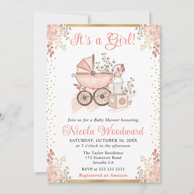 Convites Brinquedos e Carrinho de Bebê Menina Rosa Aquarela (Frente)
