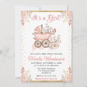 Convites Brinquedos e Carrinho de Bebê Menina Rosa Aquarela