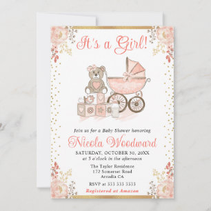 Convites Brinquedos e Carrinho de Bebê Menina Rosa Aquarela