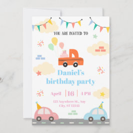 Convites Brinquedos ilustrativos de carro, brancos e laranj