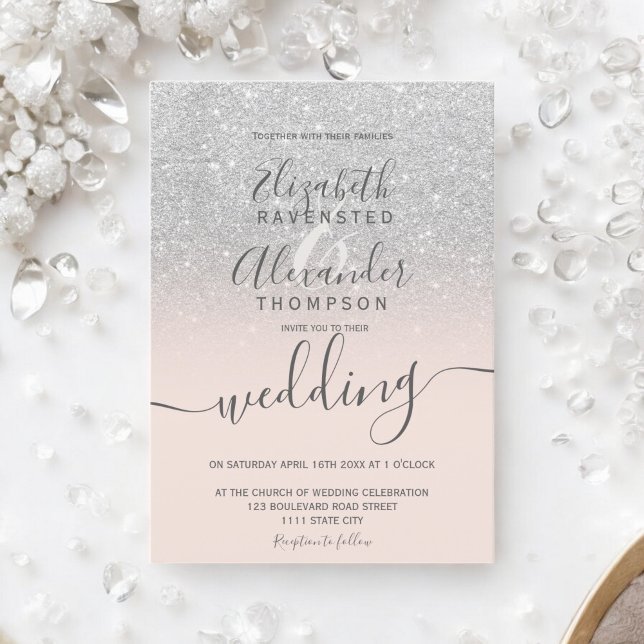 Convites Brisa de prata mbre blush pink roteiro casamento (Silver glitter ombre blush pink script wedding invitation)