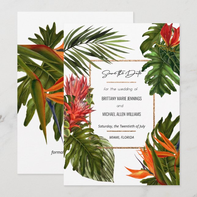 Convites Brisa Tropical Luxuoso Botânico Rico Salve a Data (Frente/Verso)