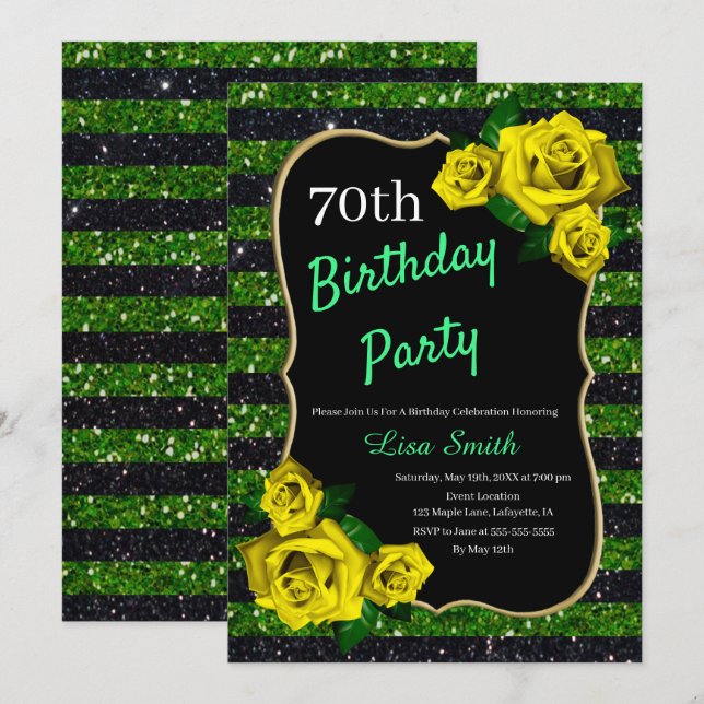 Convites Brisas Negras Verdes de Aniversário Glitter Rosas  (Frente/Verso)
