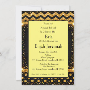 Convites Brit Milah, Glitter Listras Bolinhas Preto Dourado