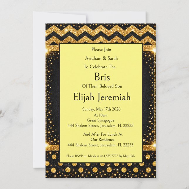 Convites Brit Milah, Glitter Listras Bolinhas Preto Dourado (Frente)