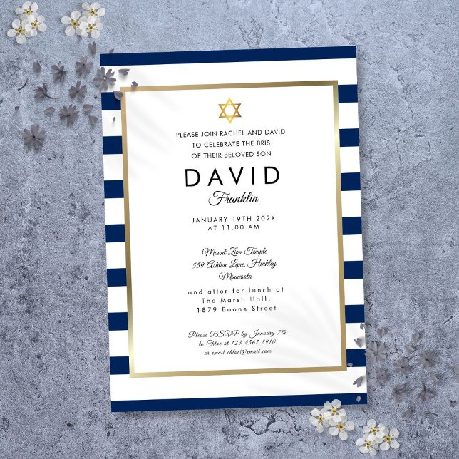 Convites Brit Milah Marinho Blue Stripe Dourado (Brit Milah Navy Blue White Stripe Gold Invitation)
