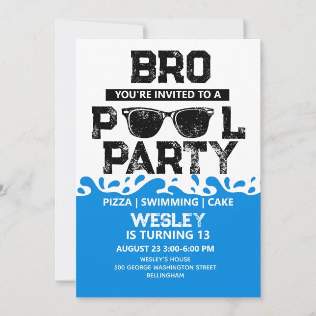 Convites BRO Blue Pool Party Boy Birthday (Frente)