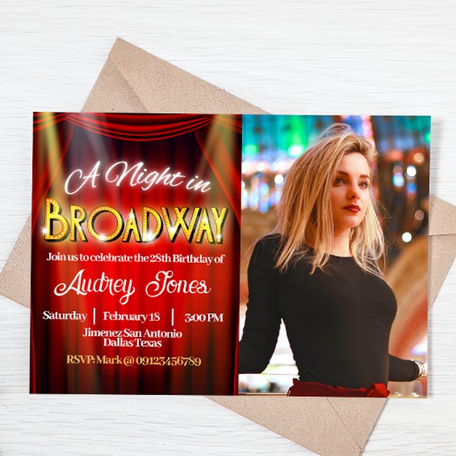 Convites Broadway Birthday com foto (Broadway Landscape Invitation with Photo)