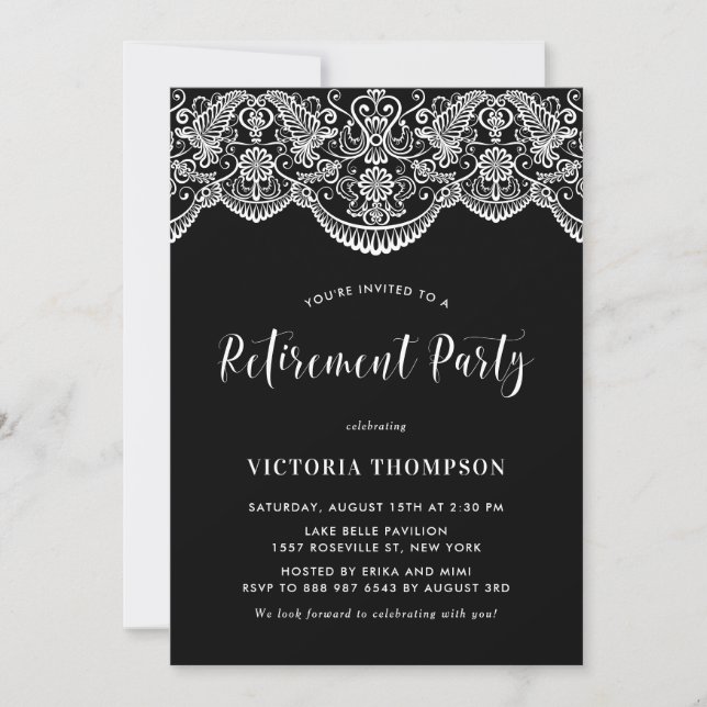 Convites Brocade Branca Lace Black Retirement Party (Frente)