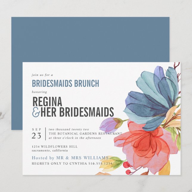 Convites Brold Wildflower Blue Bridesmaids Brunch Luncheon (Frente/Verso)
