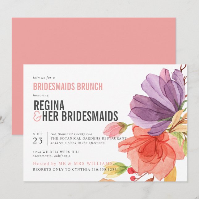 Convites Brold Wildflower Pink Bridesmaids Brunch Luncheon (Frente/Verso)