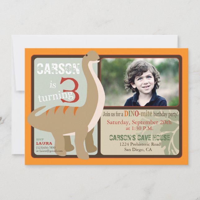 Convites Brontossaurus Dinosaur Terceiro Aniversário (Frente)