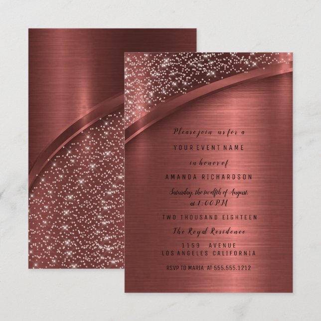 Convites Bronze Burgund Glitter Doce 16ª Festa de aniversár (Frente/Verso)