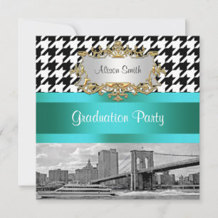 Convites Brooklyn Bridge Blk Wht Houndstooth 2 Graduação