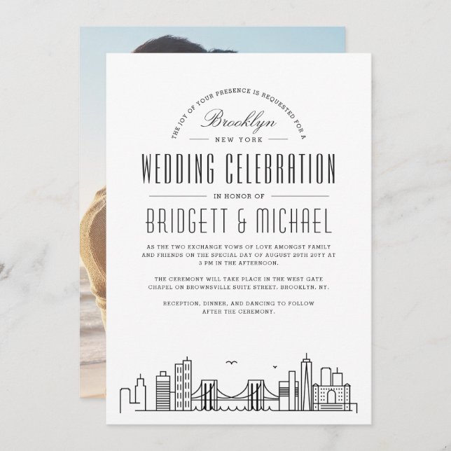 Convites Brooklyn Wedding | Skyline Moderno Deco (Frente/Verso)