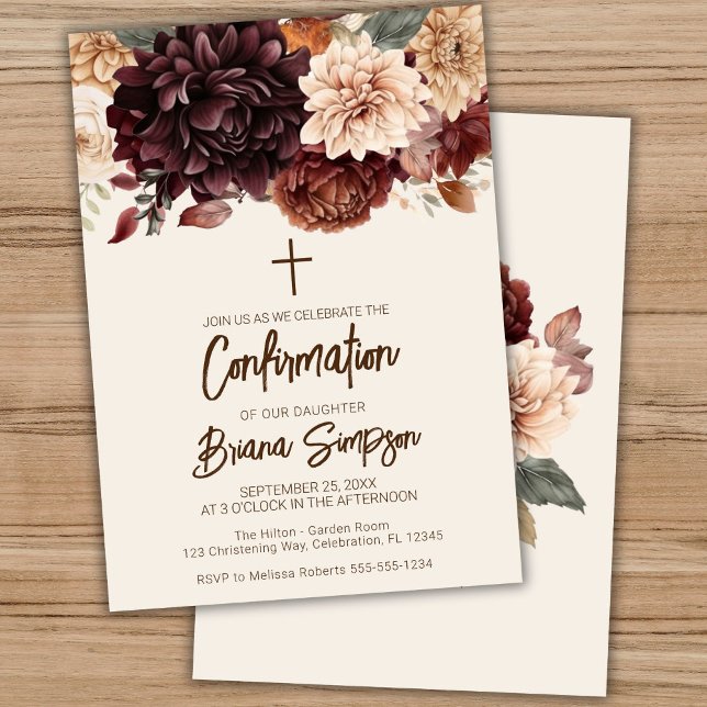 Convites Brown Beige Ivory Flowers Confirmação Floral (Criador carregado)
