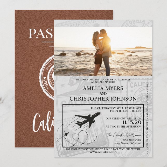 Convites Brown California Passport Wedding (Frente/Verso)