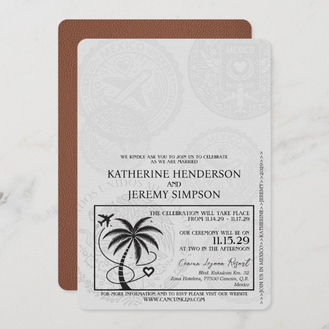 Convites Brown Cancun Passport Wedding (Frente/Verso)