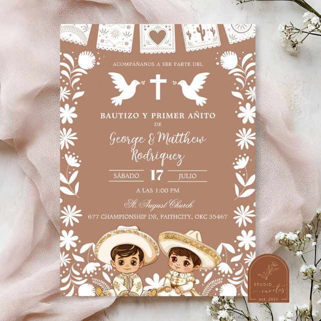 Convites Brown Cielito Lindo Boy Twins Baptism and Birthday (Criador carregado)