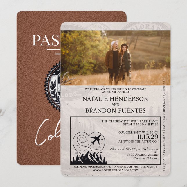 Convites Brown Colorado Passport Wedding (Frente/Verso)