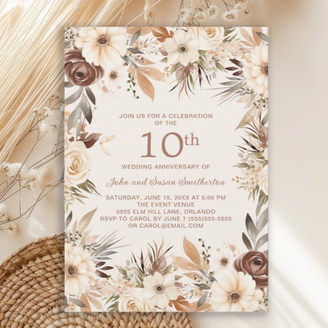 Convites Brown Cream Watercolor Floral 10º Aniversário (Rustic cream and brown boho-style watercolor floral 10th wedding anniversary invitation)
