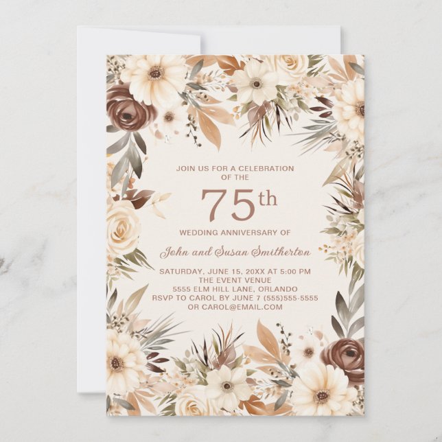 Convites Brown Cream Watercolor Floral 75 anos (Frente)