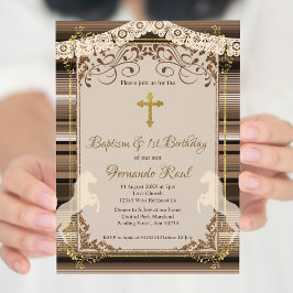 Convites Brown Fiesta Baptism Cross e First Birday