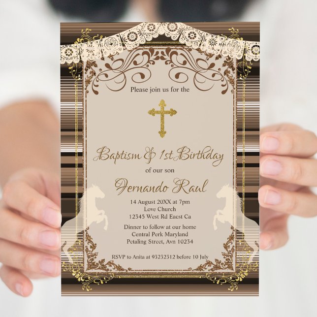 Convites Brown Fiesta Baptism Cross e First Birday (Criador carregado)