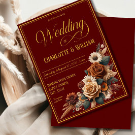 Convites Brown Floral, Script de Casamento Elegante