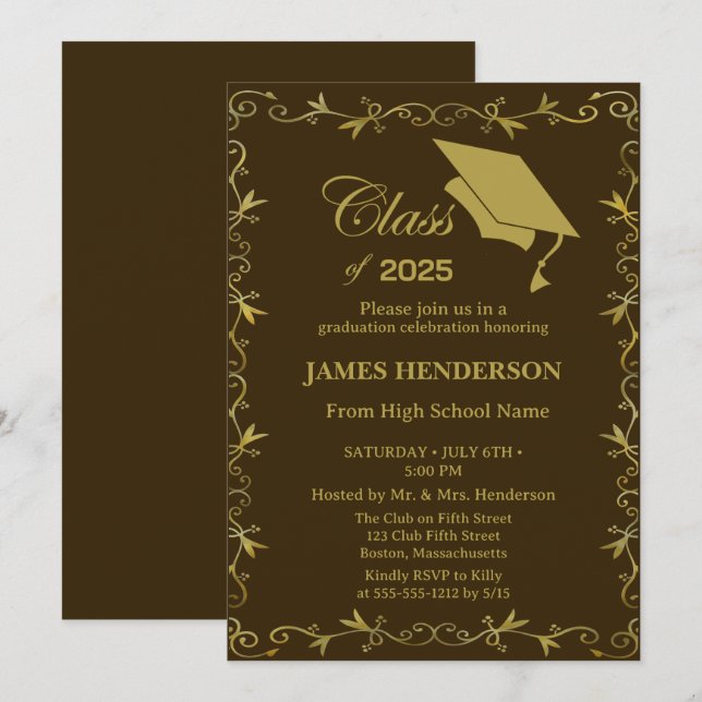 Convites Brown Formal Dourado Party 2025 (Frente/Verso)