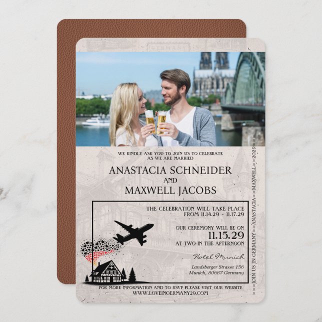 Convites Brown Germany Passport Wedding (Frente/Verso)