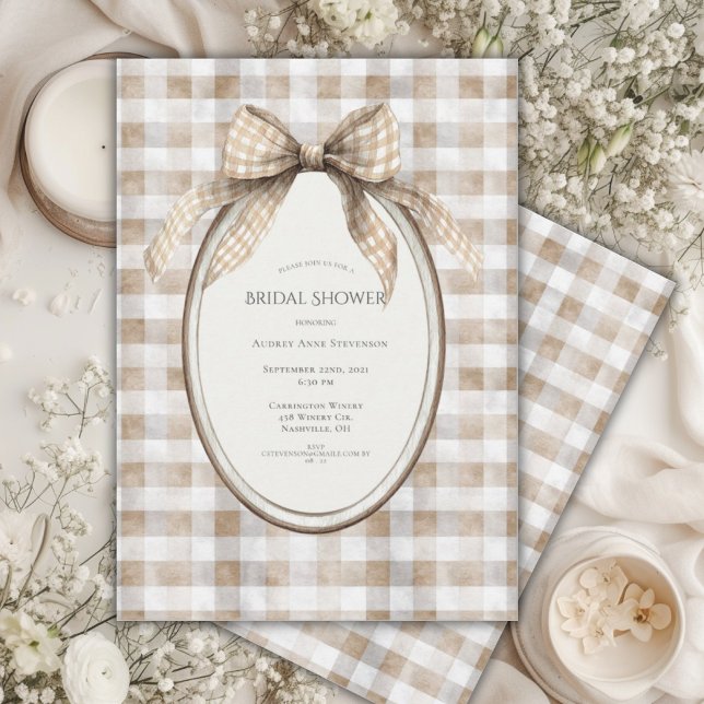 Convites Brown Gingham Bow Frame Vintage Bridal Shower (Criador carregado)