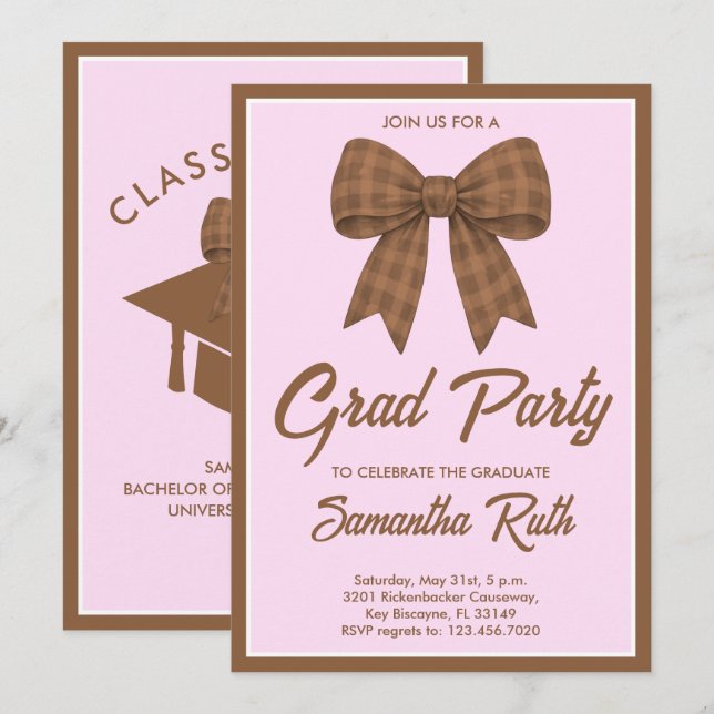 Convites Brown Gingham Bow Graduation Party (Frente/Verso)