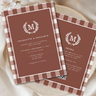 Convites Brown Gingham Monogramas Crest Código QR