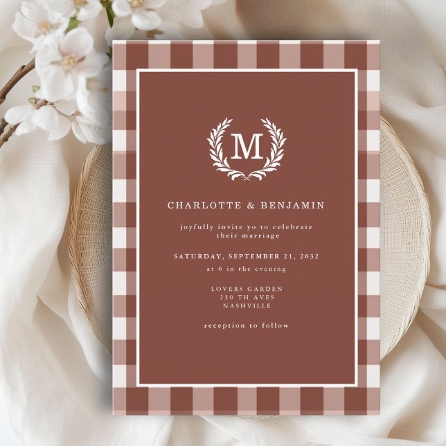 Convites Brown Gingham Monographic Crest (Brown Gingham Monogram Crest Invitation. Print & Instant Download.)