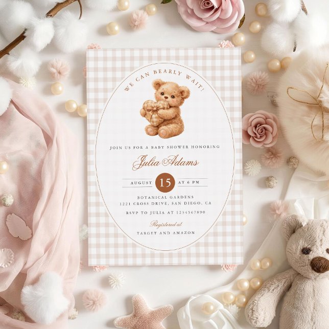 Convites Brown Gingham Teddy Bear Neutral Baby Shower Paper (Criador carregado)