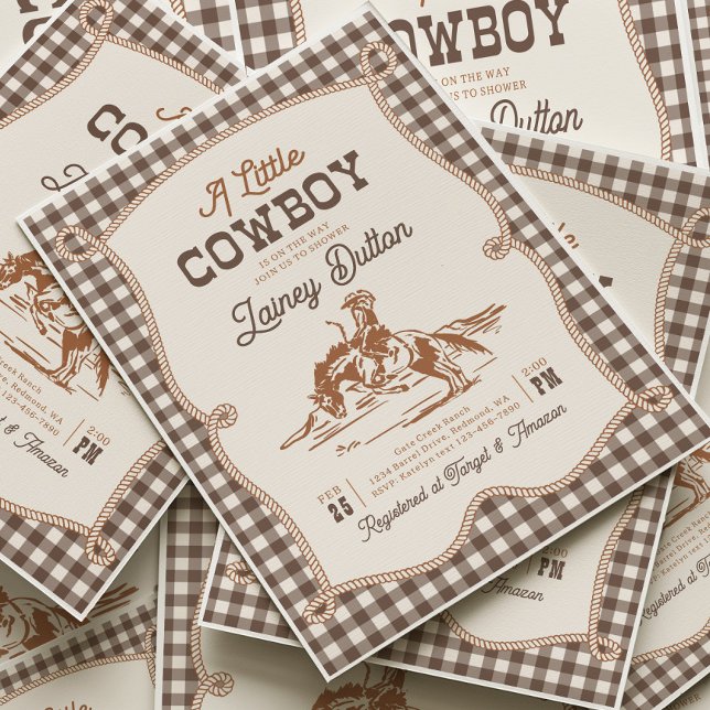 Convites Brown Gingham Western Baby Shower Invitation (Criador carregado)
