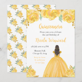 Convites Brown Hair Princess Dourada Floral Quinceanera