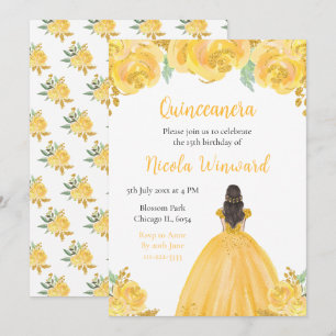 Convites Brown Hair Princess Dourada Floral Quinceanera