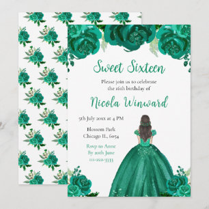 Convites Brown Hair Princess Green Floral Sweet Sessenta
