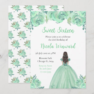 Convites Brown Hair Princess Mint Floral Sweet Sessenta