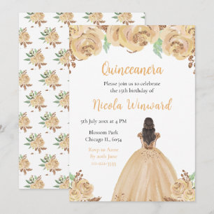 Convites Brown Hair Princess Peach Floral Quinceanera