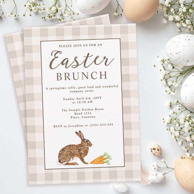 Convites Brown Hare Beige Gingham Rustic Easter Brunch (Criador carregado)