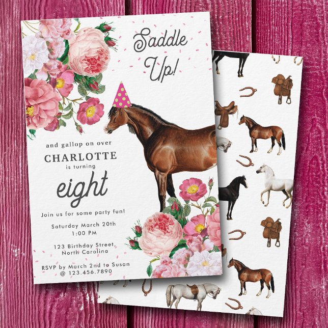 Convites Brown Horse Pink Floral Girl Cowgirl Birthday (Brown Horse Pink Floral Girl Cowgirl Birthday Invitation)