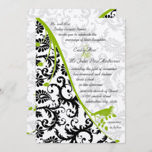 Convites Brown Paper Black Damask Apple Green Vintage Bird