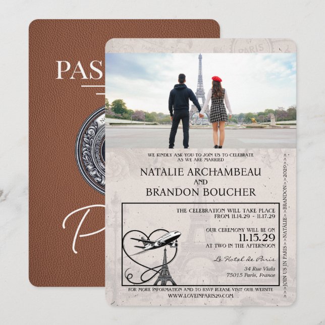 Convites Brown Paris Passport Wedding (Frente/Verso)