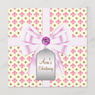 Convites Brown Pink Fleur de Lis Baby Christening
