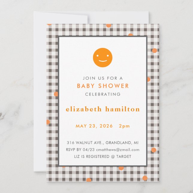 Convites Brown Plaid & Orange Dots Baby Shower Invitation (Frente)