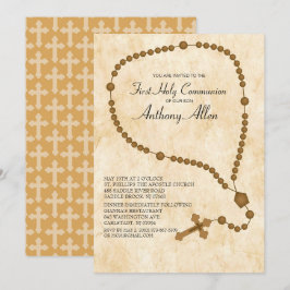 Convites Brown Rosary Miçanga Primeira Comunhão Sagrada